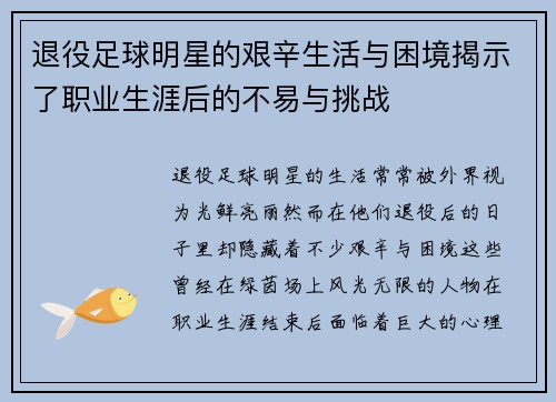 退役足球明星的艰辛生活与困境揭示了职业生涯后的不易与挑战